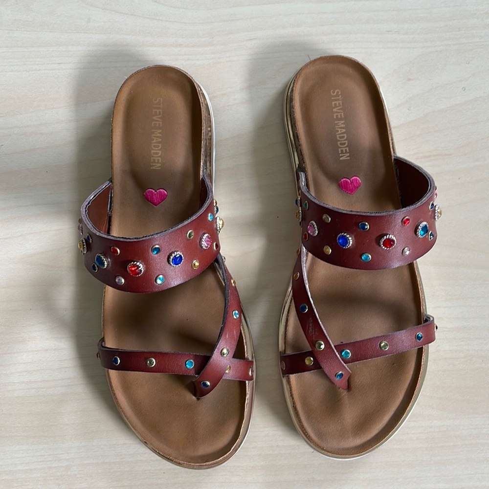 Steve Madden Girls Brown Jewel Studded Sandals Size 4